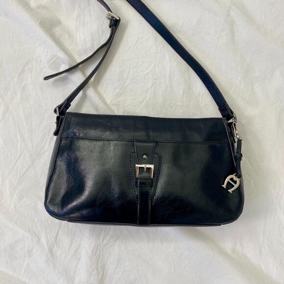 Etienne Aigner 90s Genuine Black Smooth Leather Silver Bag Charm Shoulder Bag - Picture 3 of 8